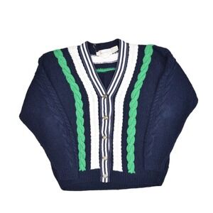Vintage Eagles Eye Sweater Womens M Cable Knit Cardigan Tennis Ramie Navy Blue